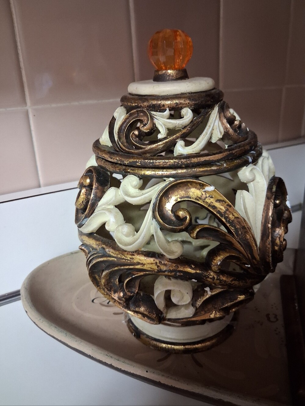 Ornate Filigree Decorative Jar with Amber Finial
